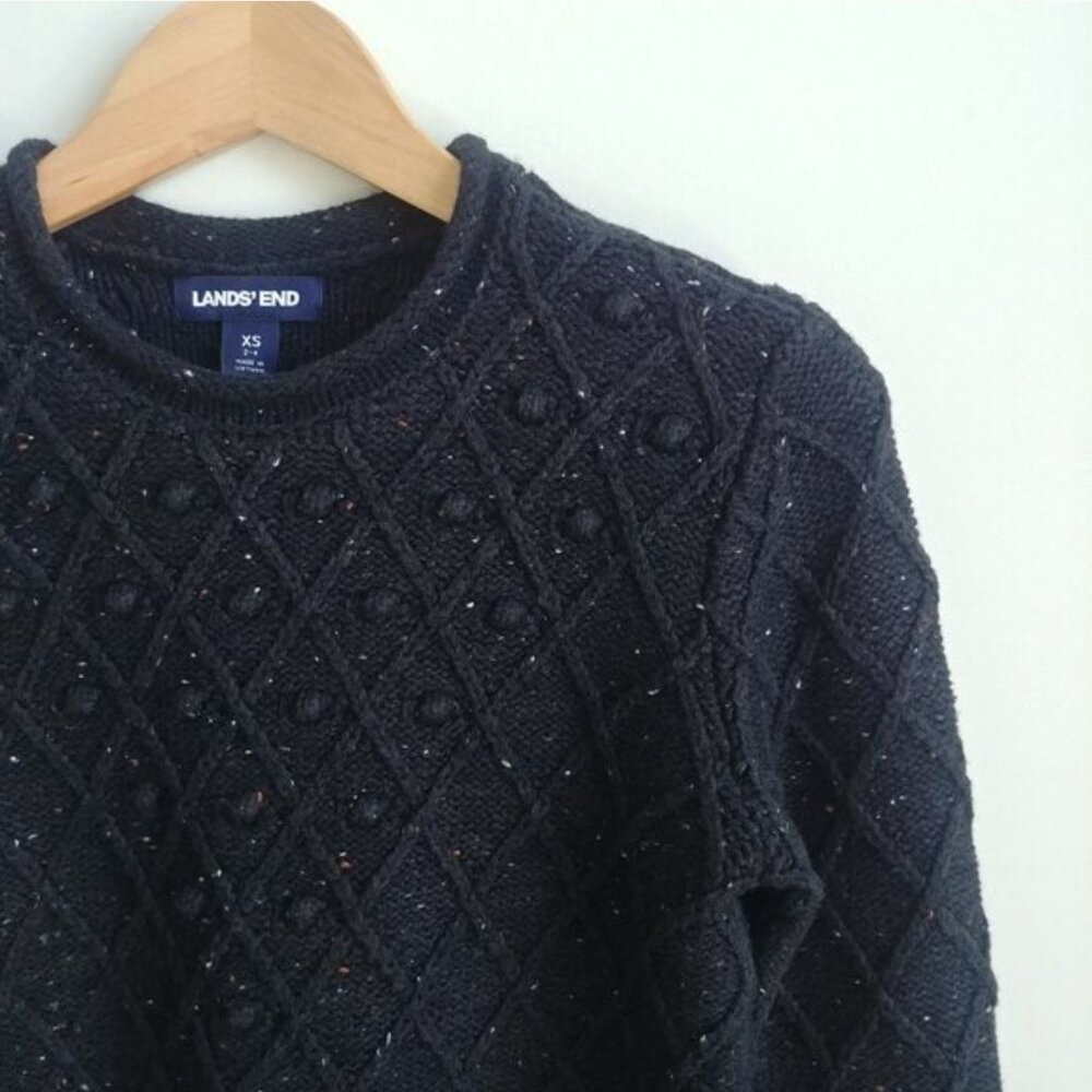 Lands' End XS black cotton sweater with orange and white flecks poms
